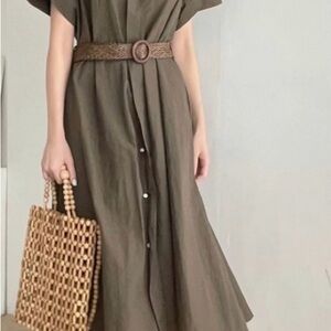 MELLODAY Olive Green Midi Shirt Dress with Braided Belt
